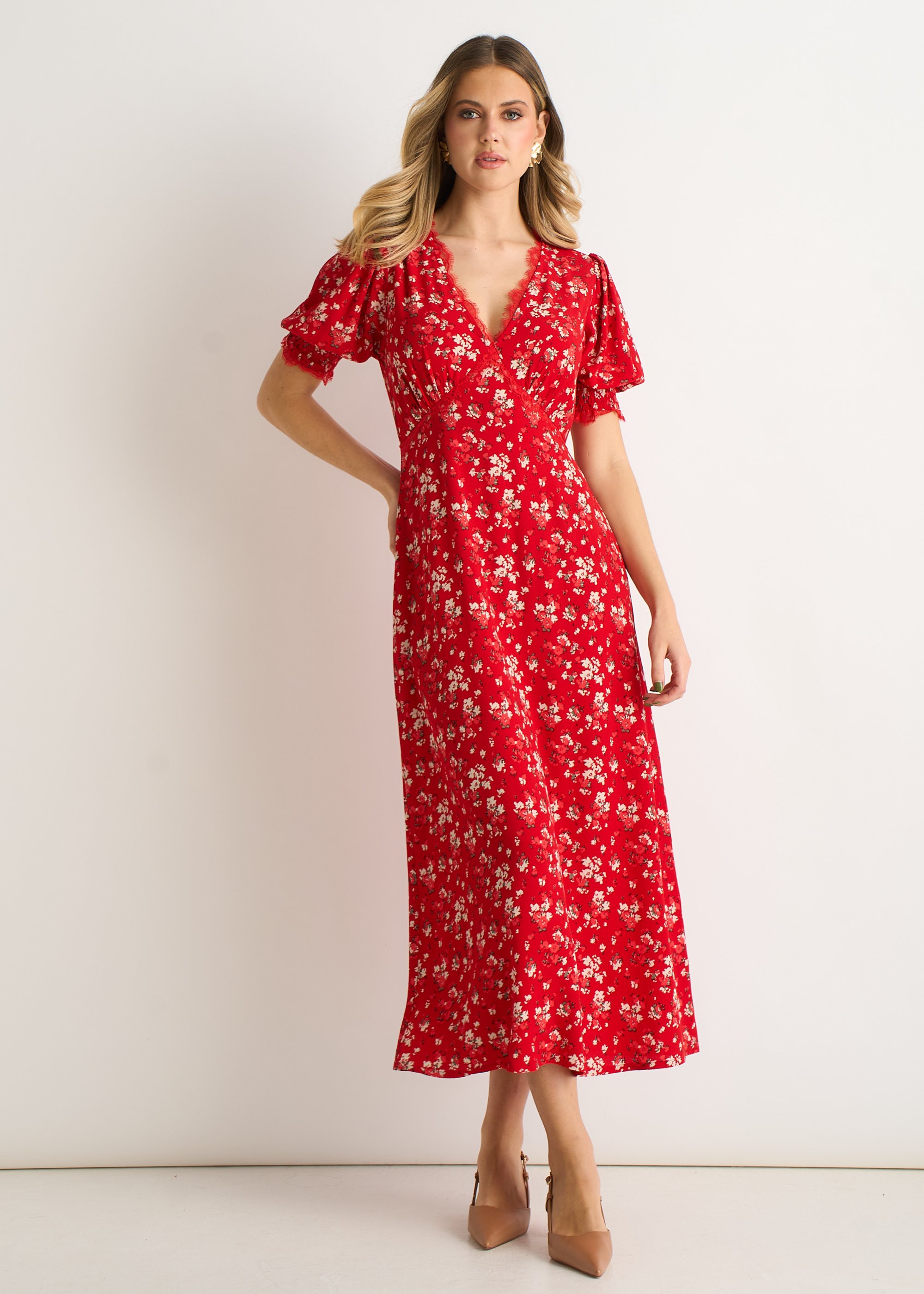 Rotes Midikleid aus Viskose mit Spitzenbesatz