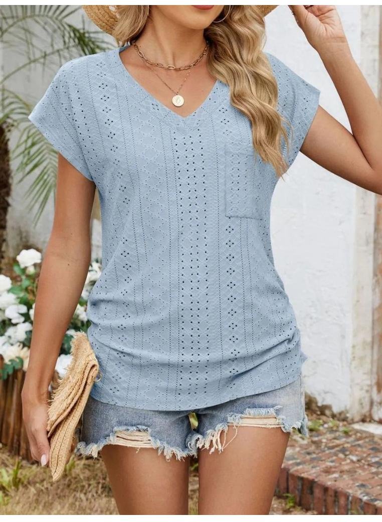 Thumbnail - Damen Eyelet V-Ausschnitt Kurzarmoberteil