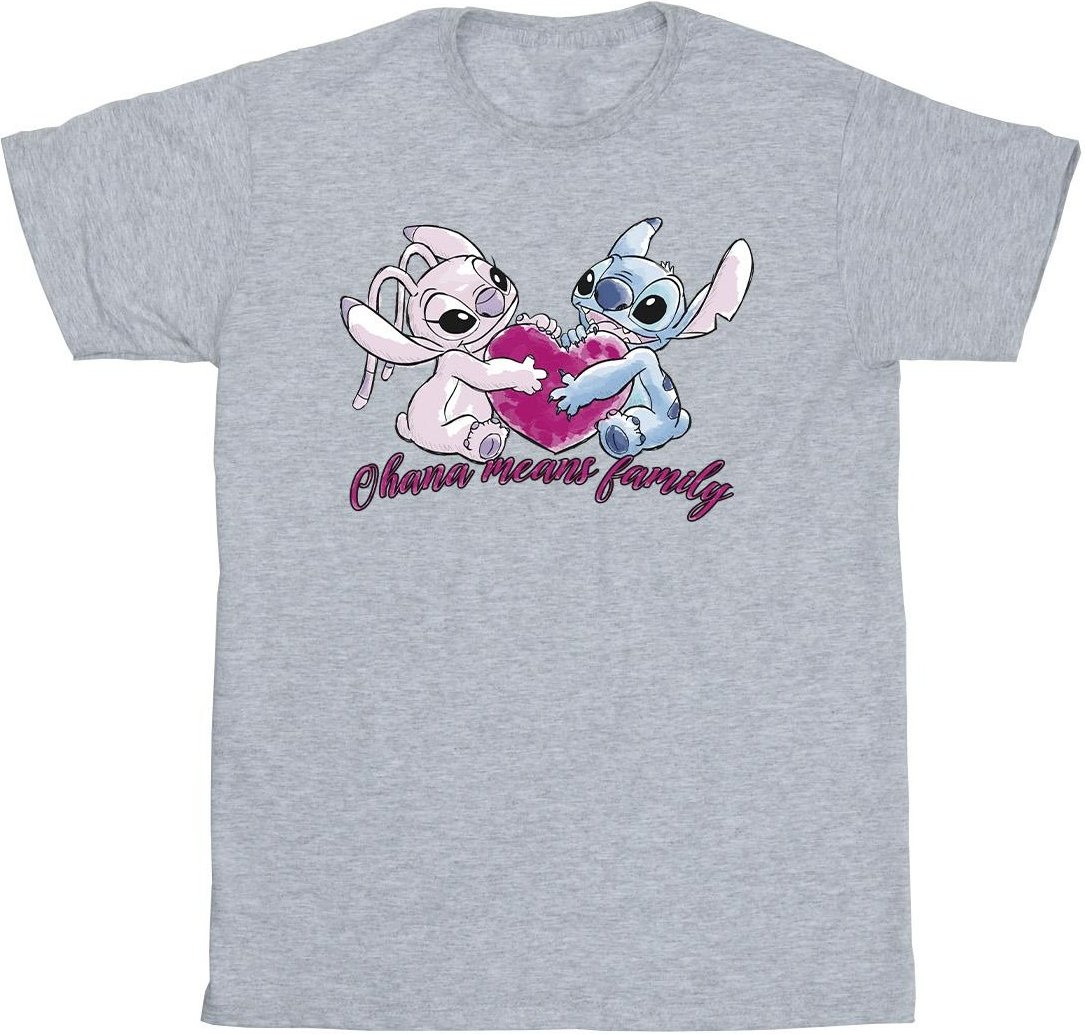 Disney Mädchen Lilo und Stitch Ohana Herz mit Engel Baumwolle T-Shirt (Sport grau)
