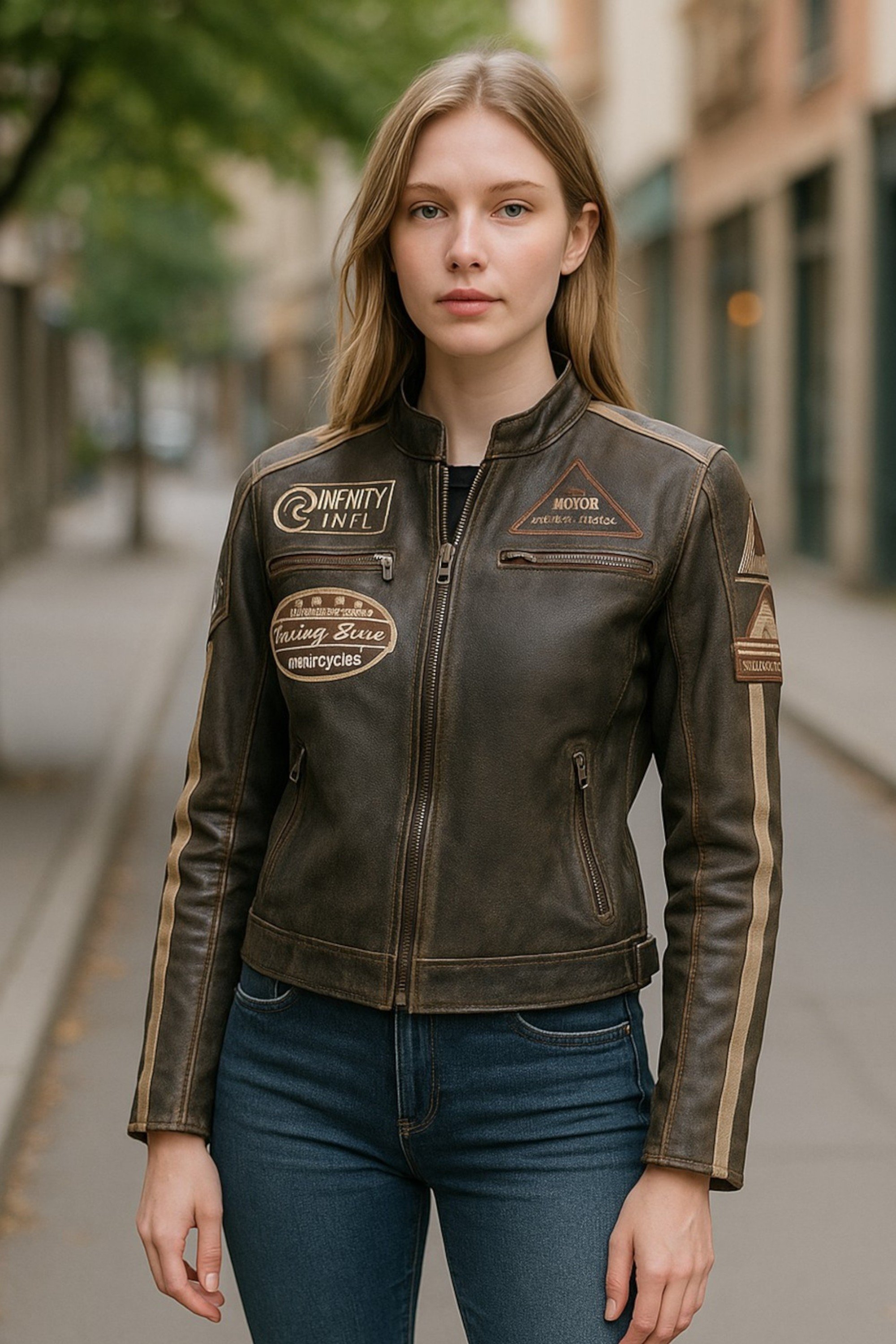 Damen Vintage Tan Biker Racing Badges Lederjacke-Eastleigh
