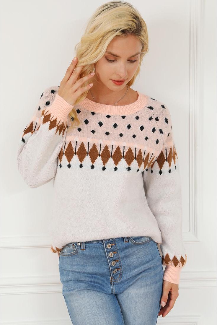 Thumbnail - Azura Exchange Mehrfarbiger Pullover mit gemischtem geometrischen Detail und Raglanärmeln