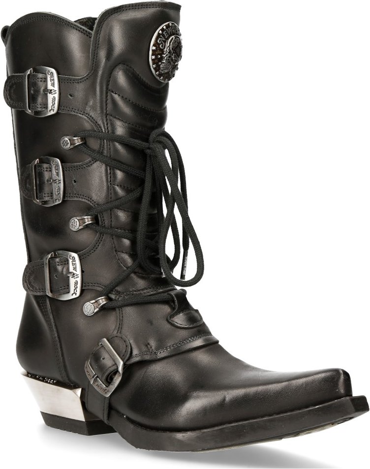 New Rock Cowboy-Schnallenstiefel aus schwarzem Leder – M-7993-S1