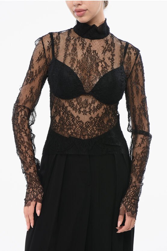 Langärmliges durchsichtiges Spitzentop in Schwarz