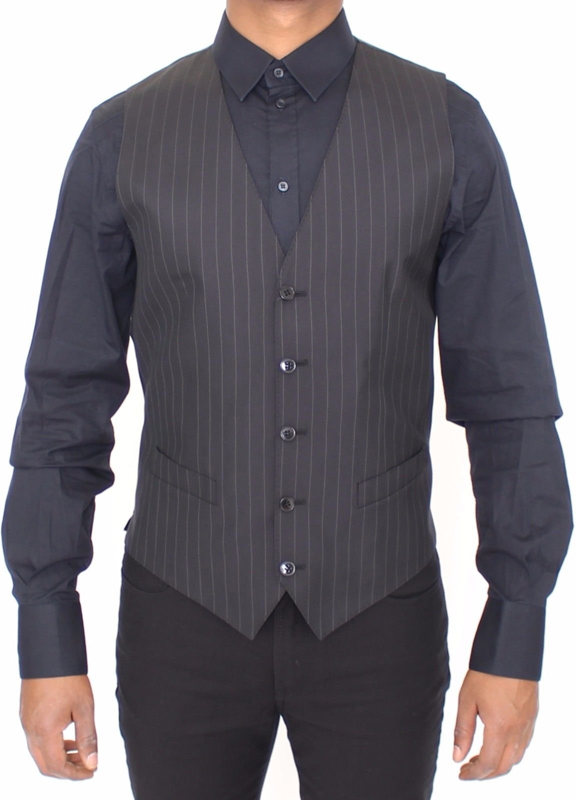 Dolce & Gabbana Schwarz Gestreifter Woll-Seidenkleid-Weste Gilet