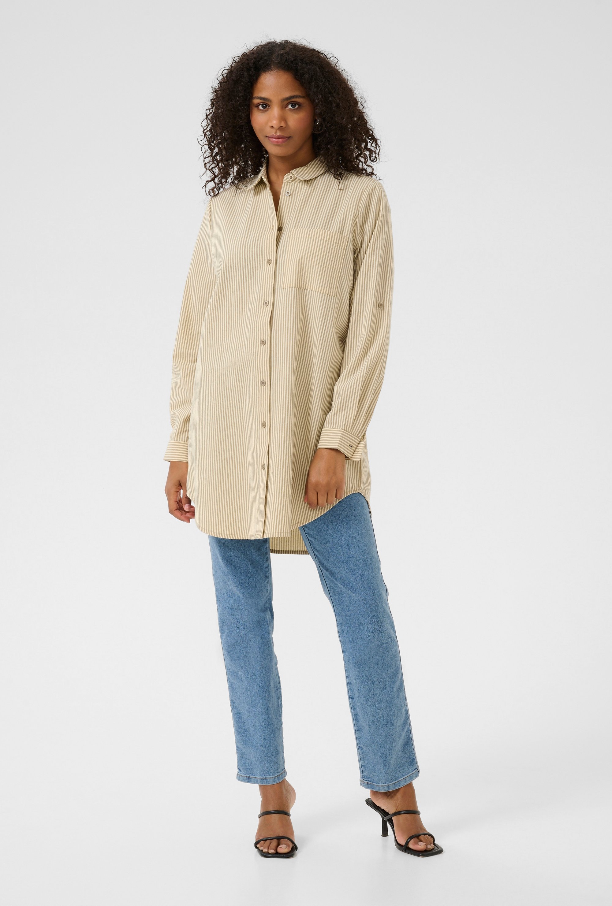 Langarm - Hemd Loose fit Chincilla / White stripe beige