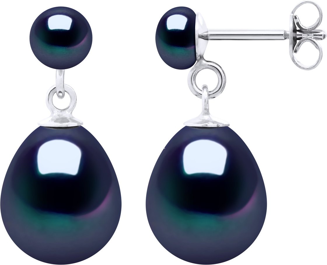 Doppelte Ohrringe aus Weißgold – echte Süßwasser-Zuchtperlen, Knopf 5–6 mm + Birne 10–11 mm