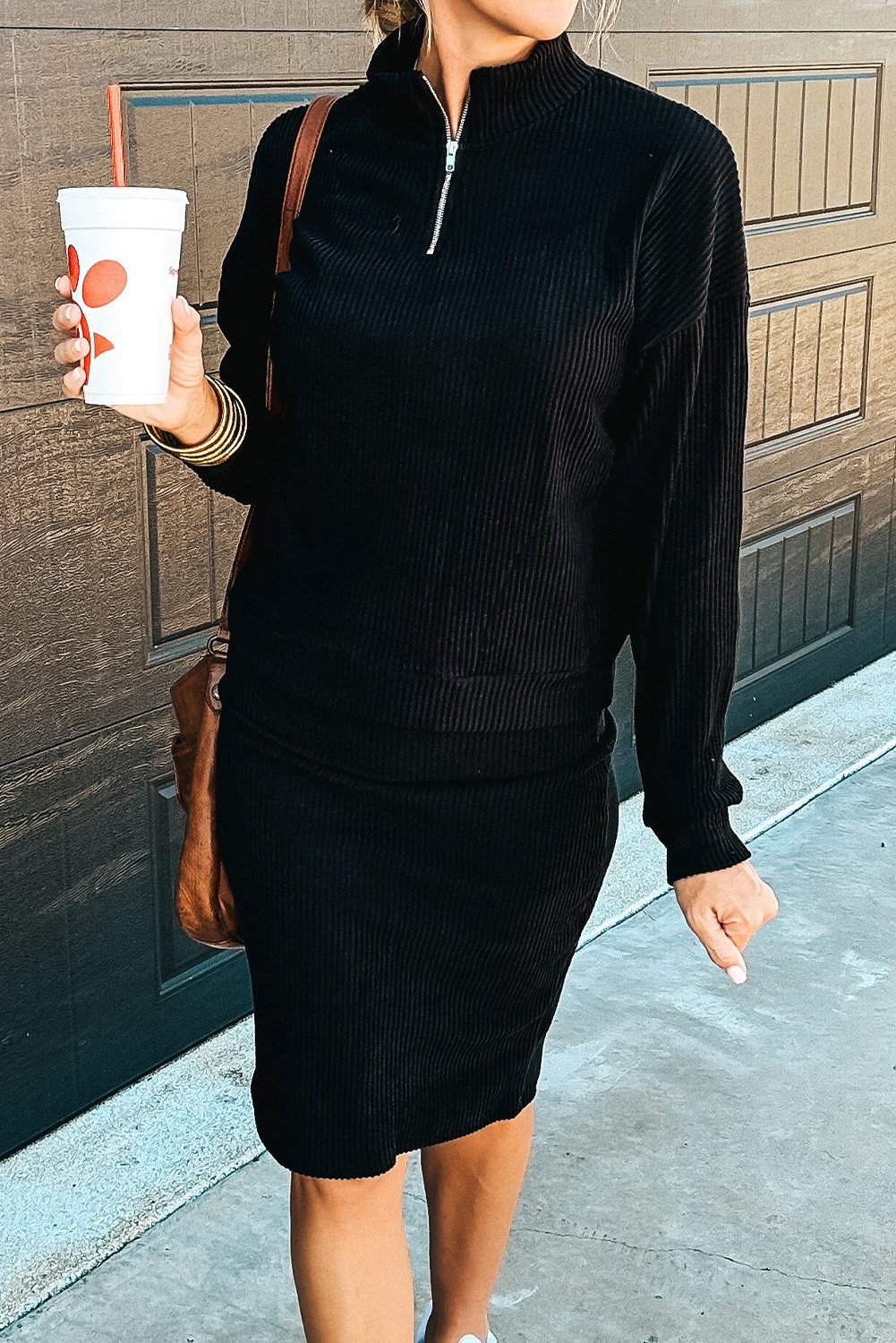 Rippstrick Viertel-Reißverschluss Kleid