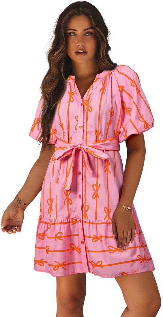 Thumbnail - Azura Exchange Pink Bowknot Gestreiftes Bedrucktes Puffärmliches Knopfleiste Mini Kleid mit Gürtel