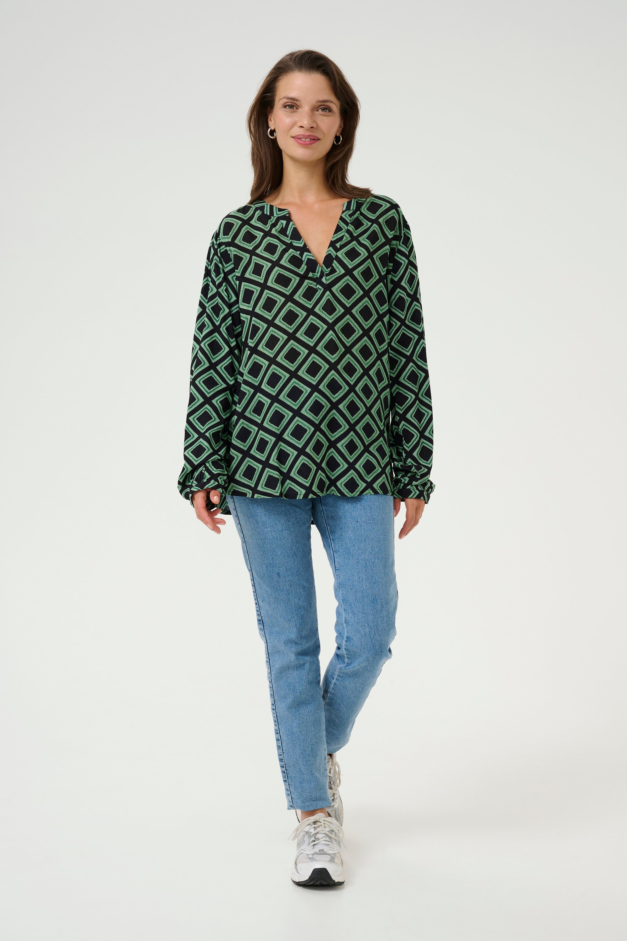 Langarm-Bluse Regular fit Black Deep/Green Geometric black green