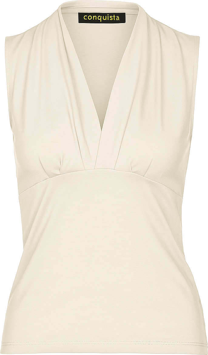 Cremefarbenes ärmelloses Jersey-Top mit V-Ausschnitt – Stretchstoff