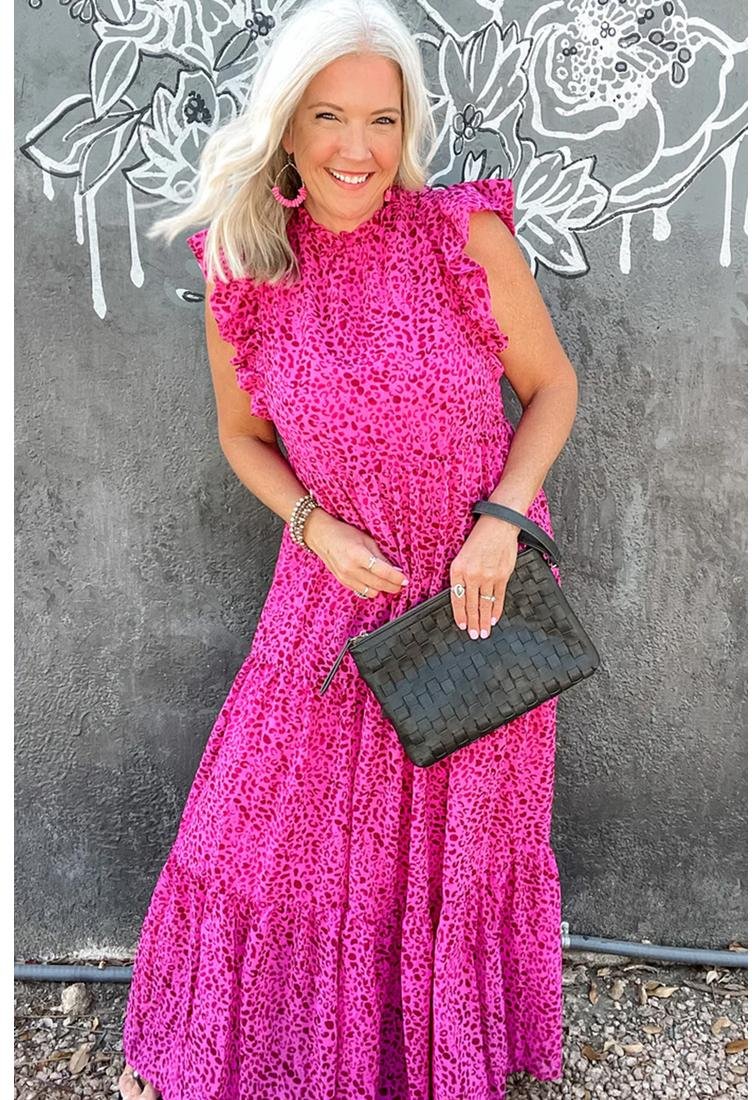 Thumbnail - Rosa-Rotes Leopardprint-Rüschensaum-Stufenmaxikleid