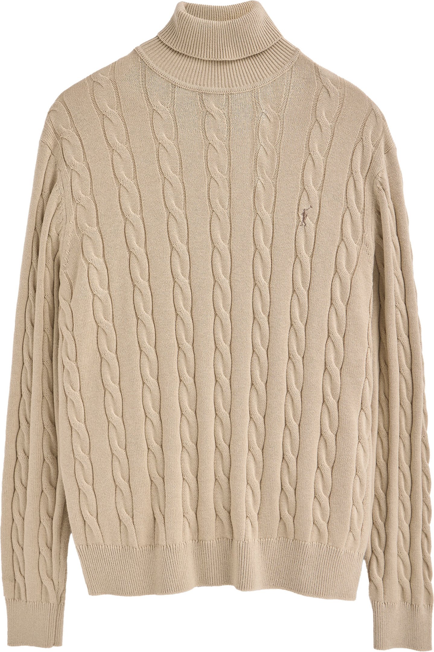 Rollkragenpullover beige aus Wollgemisch mit gestricktem Zopfmuster und gesticktem Rigby Go-Logo