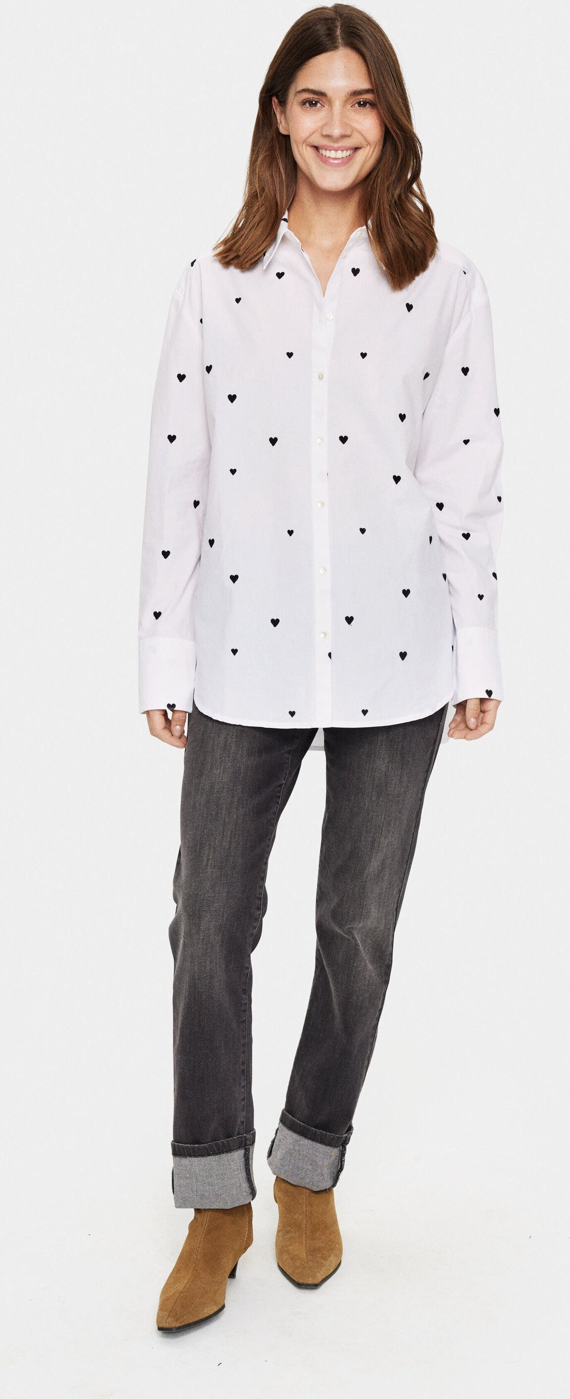 Langarm - Hemd Oversize fit Ice Black Hearts white