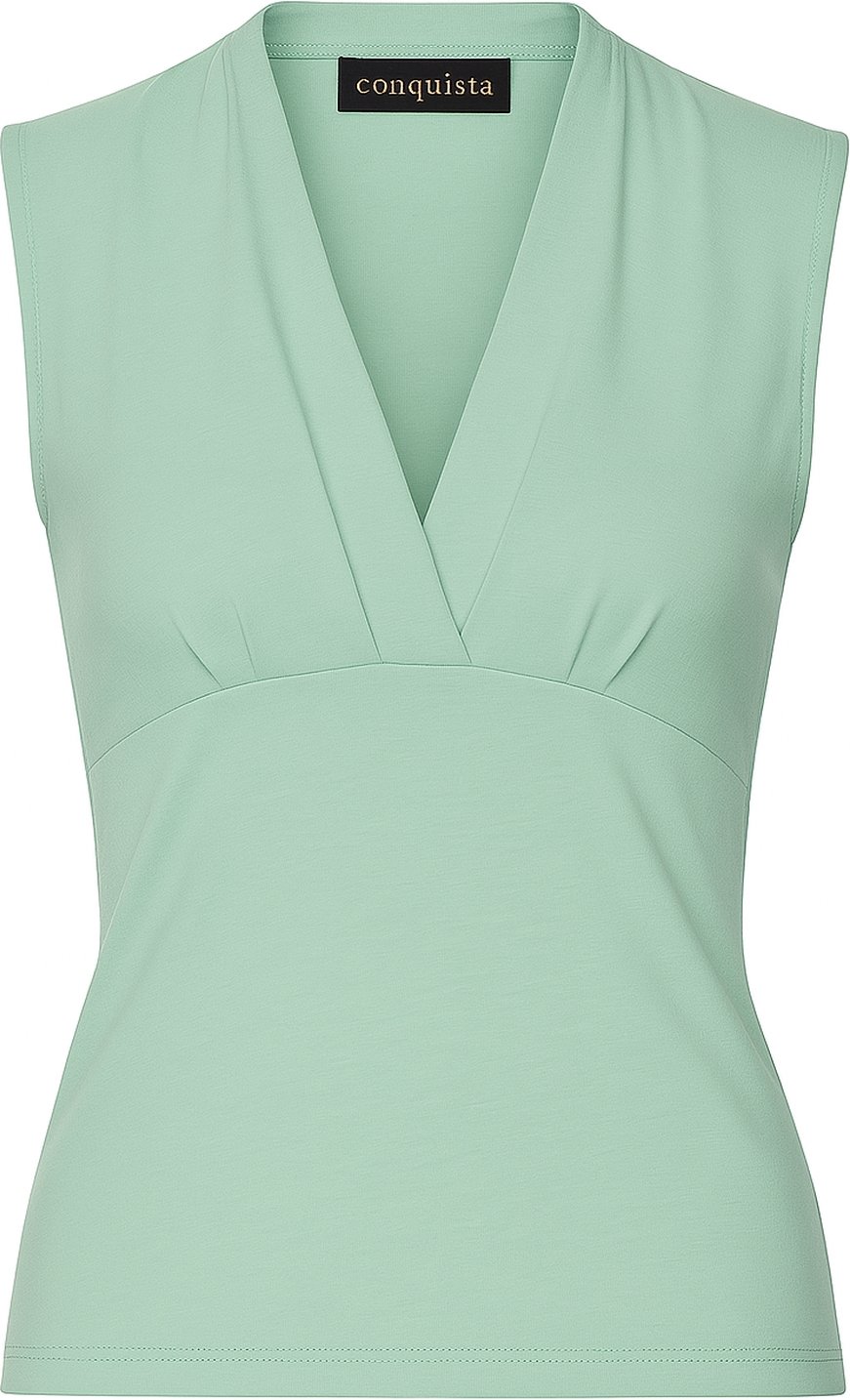 Silbergrünes, ärmelloses, figurbetontes Oberteil mit V-Ausschnitt – weicher Viskose-Mischstoff