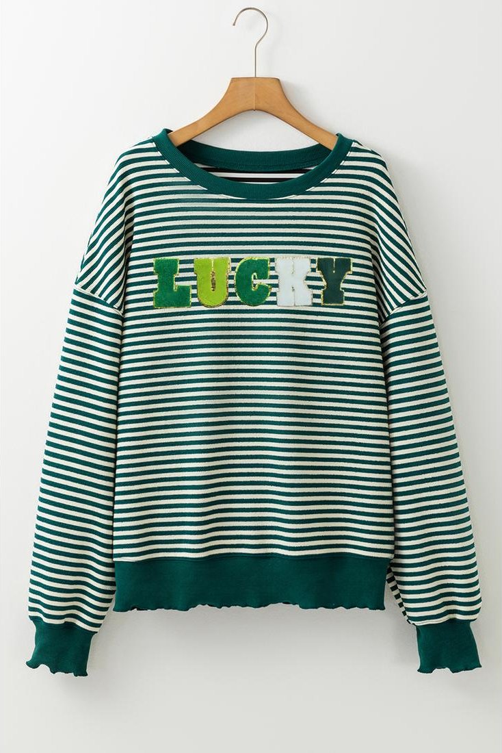 Thumbnail - Grüner Streifen Chenille LUCKY Gepatchtes Muster St. Patrick Langarmshirt