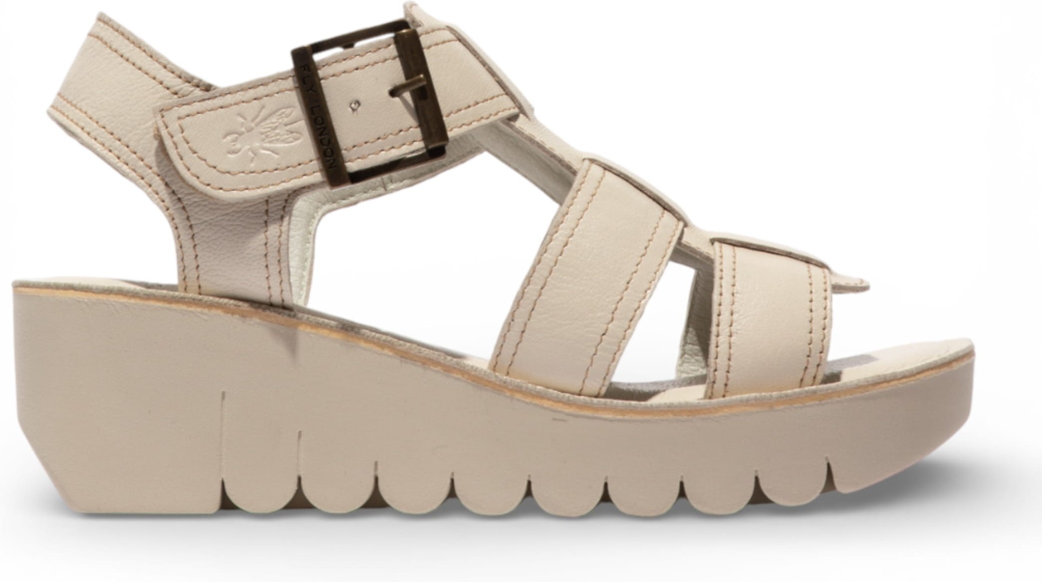 Fly London Damen-Keilsandalen YUDD236FLY aus cremefarbenem Leder