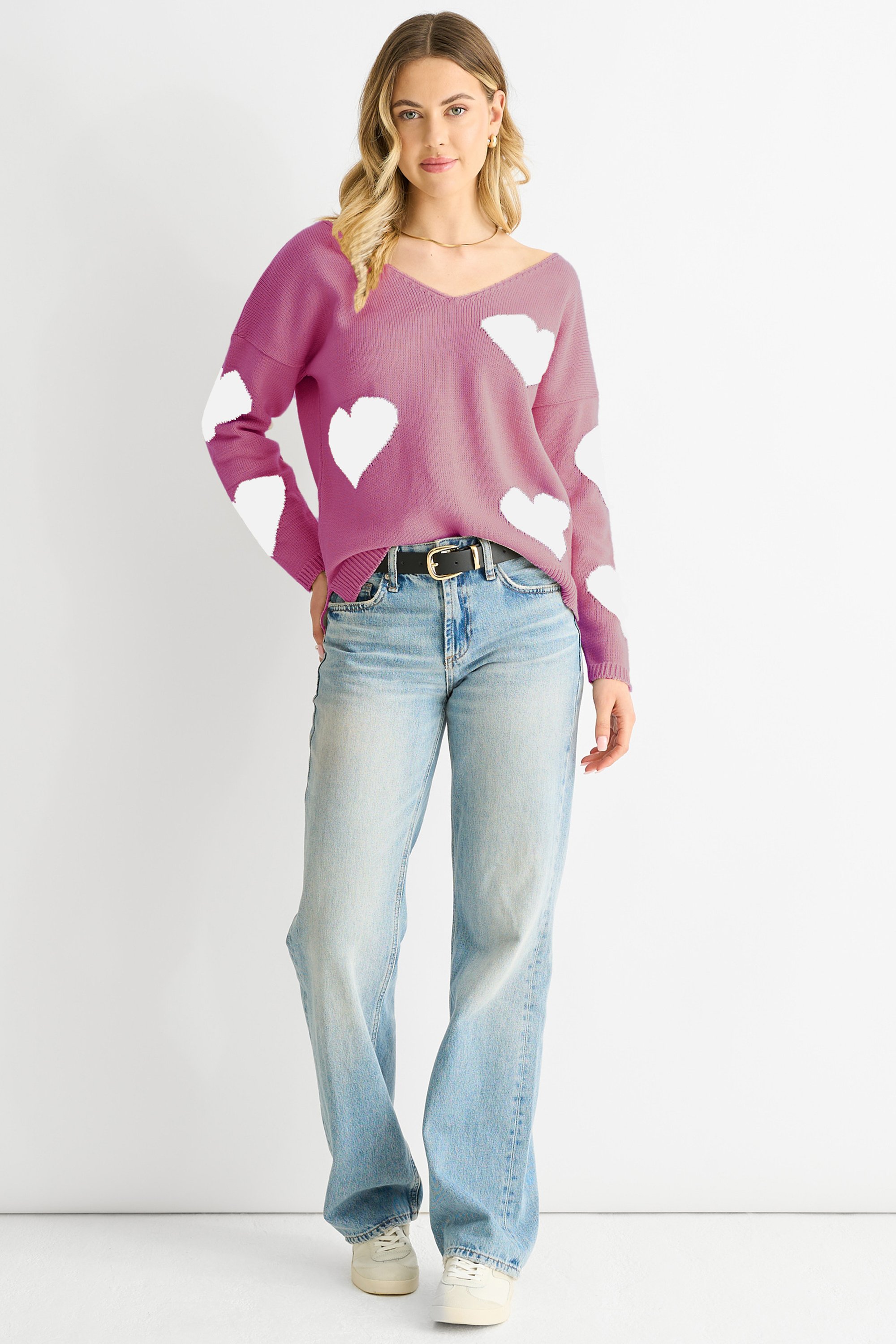 Staubiger rosa V-Ausschnitt übergroßer Herz-Strickpullover