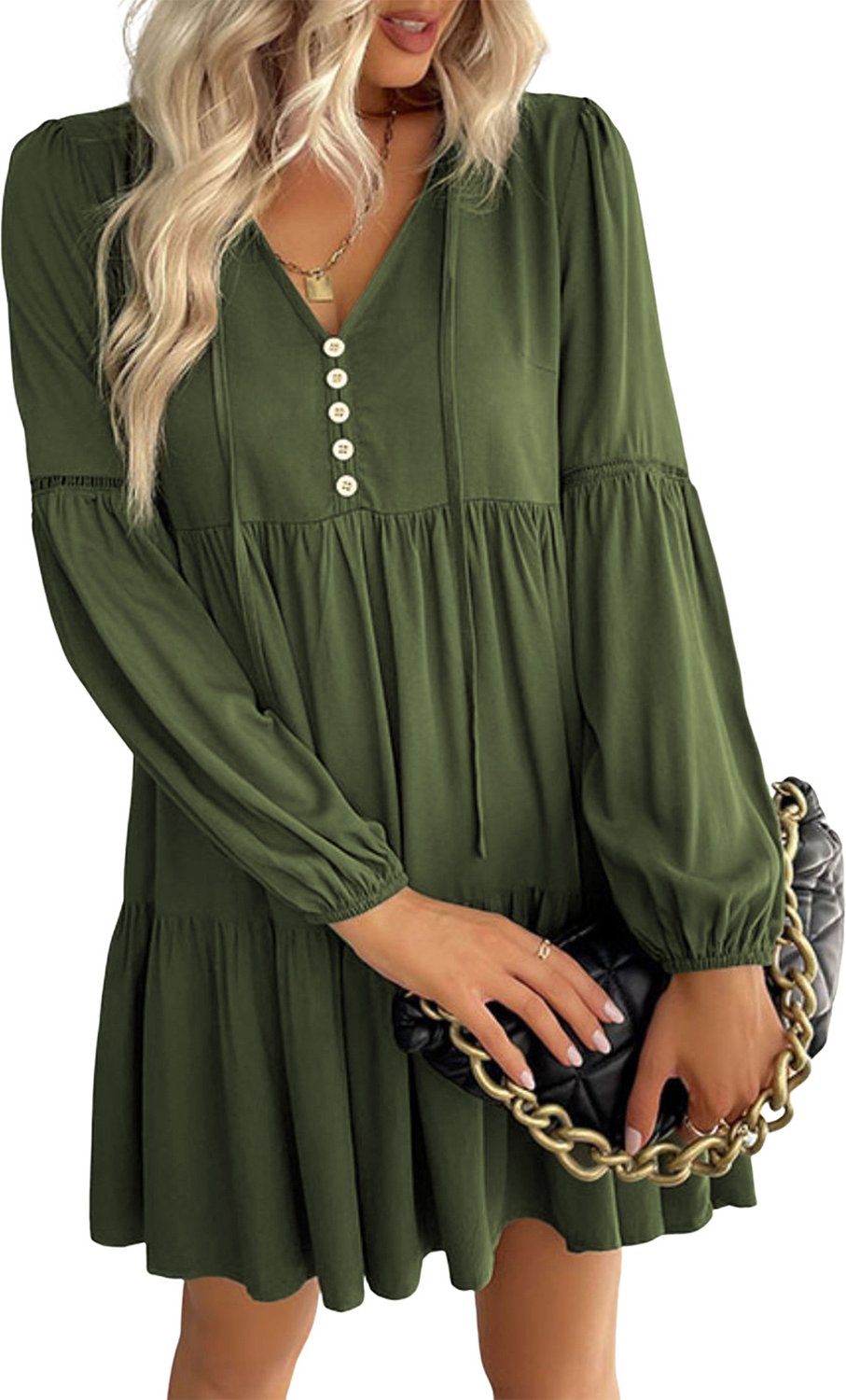 Grünes Spitzen-Minikleid mit Puffärmeln, Knopfdetails und gestuften Rüschen