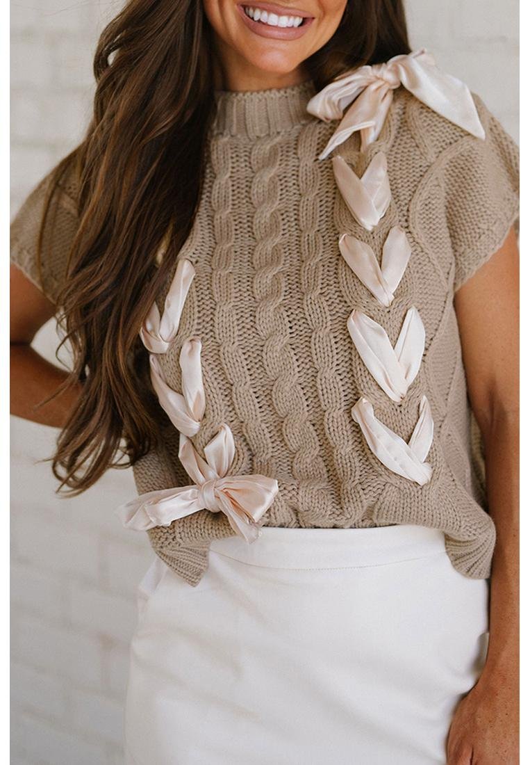 Thumbnail - Azura Exchange Einfach Taupe Kabelstrick Farbe Block Satin Schleife Kurzarm Pullover