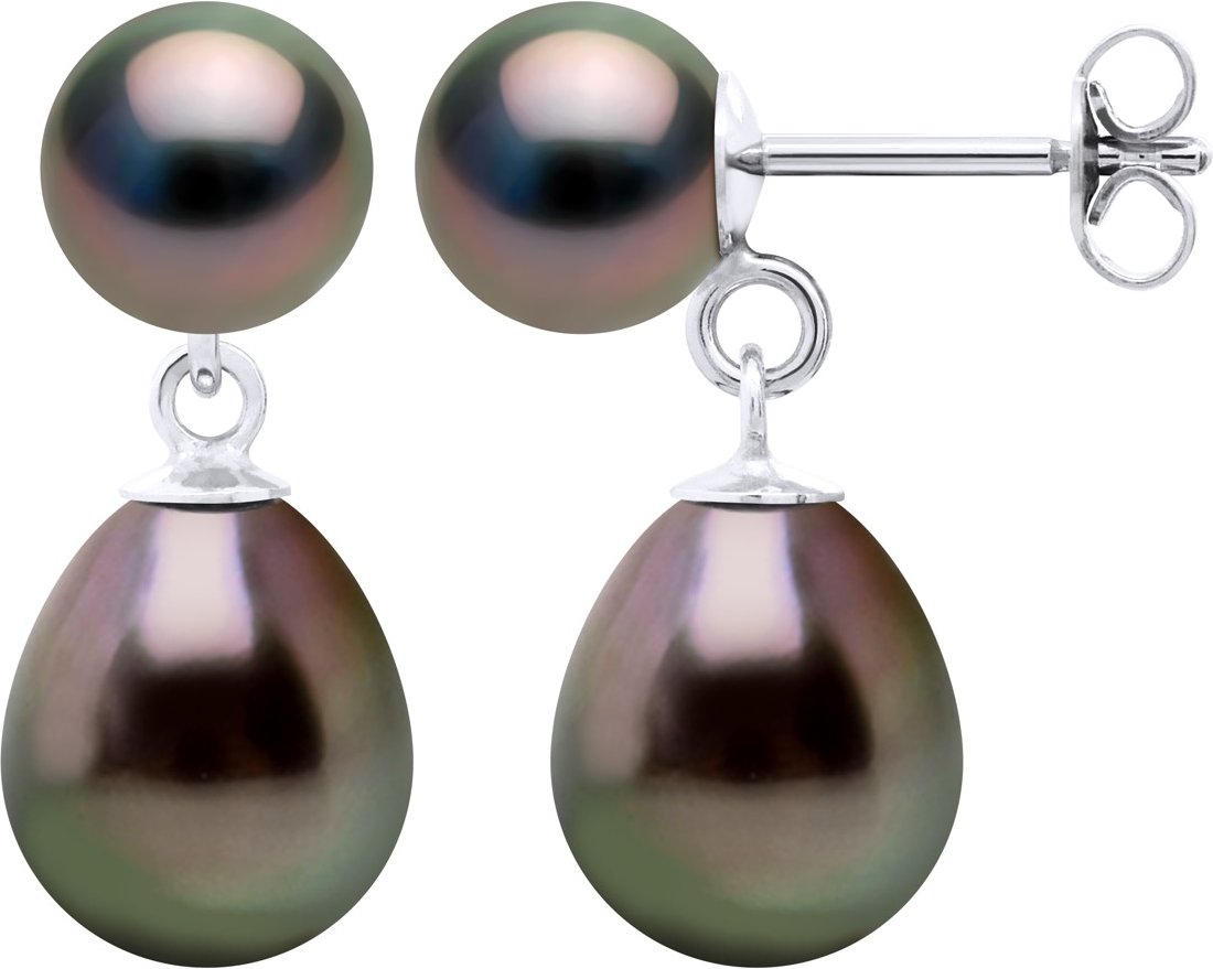 Doppelte Ohrringe – Weißgold – echte Tahiti-Zuchtperlen rund 7–8 und birnenförmig 9–10 mm
