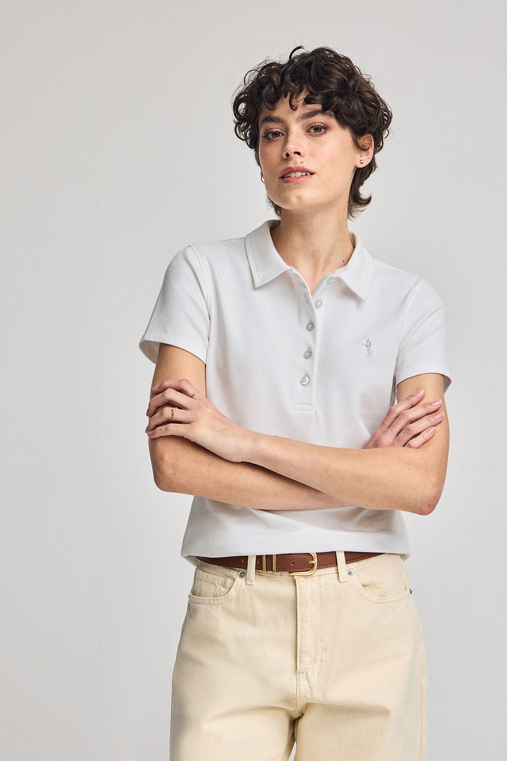 Kurzärmliges Poloshirt aus Baumwolle weiß mit Rigby Best Stickerei