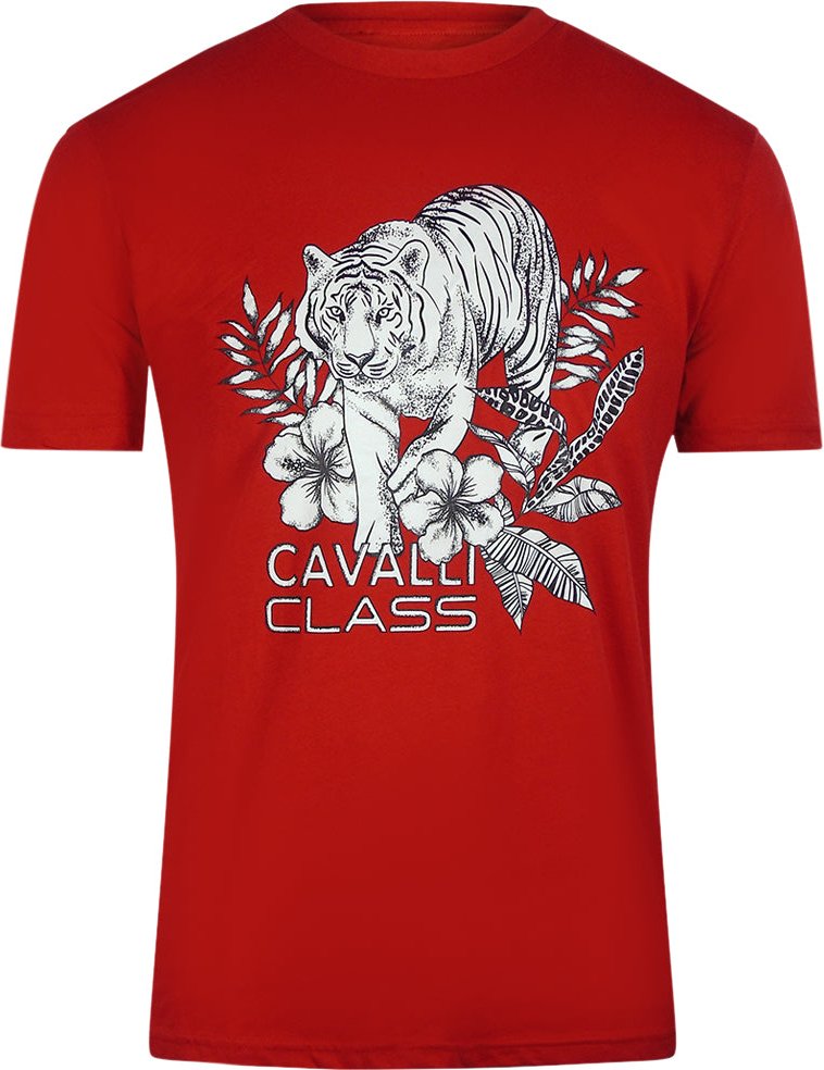 Cavalli Class - Rotes T-shirt Mit Tiger-blumenlogo