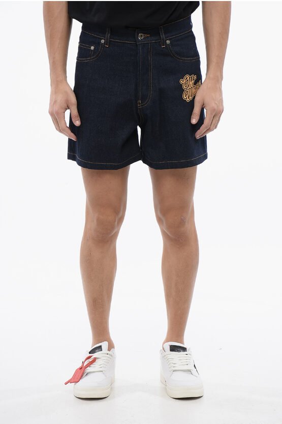 Raw Wash 90SLOGO Bestickte Jeansshorts in Blau