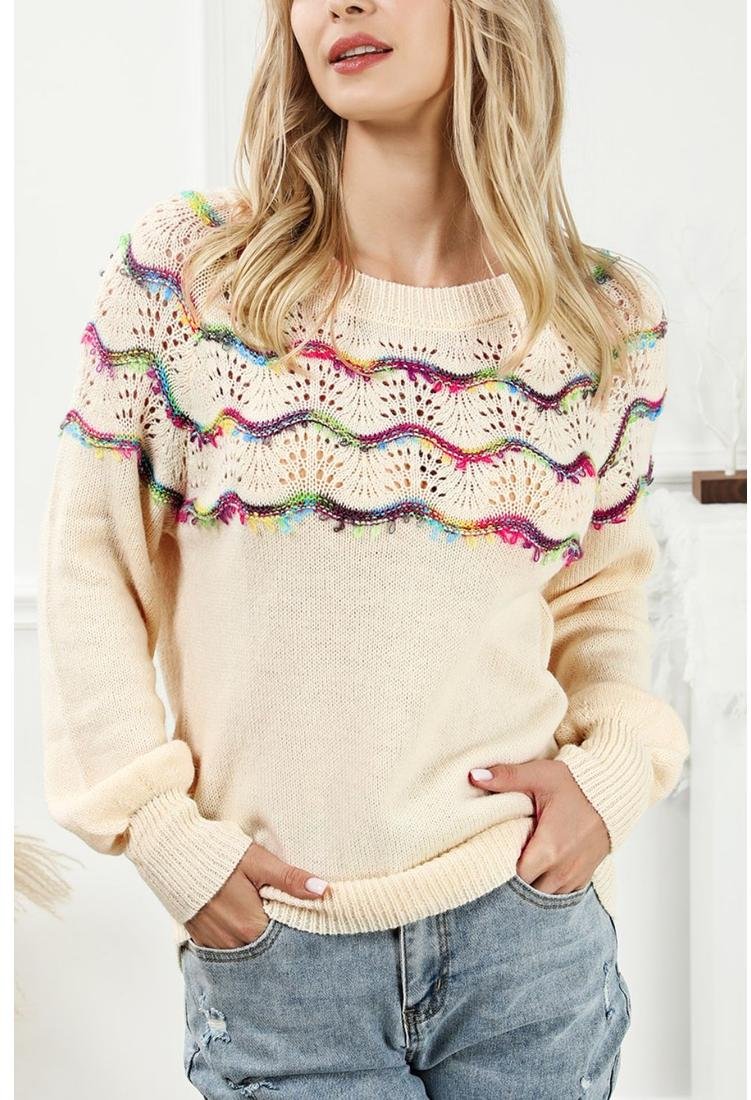 Thumbnail - Durchbrochener gewellter gestreifter Pullover mit Rundhalsausschnitt