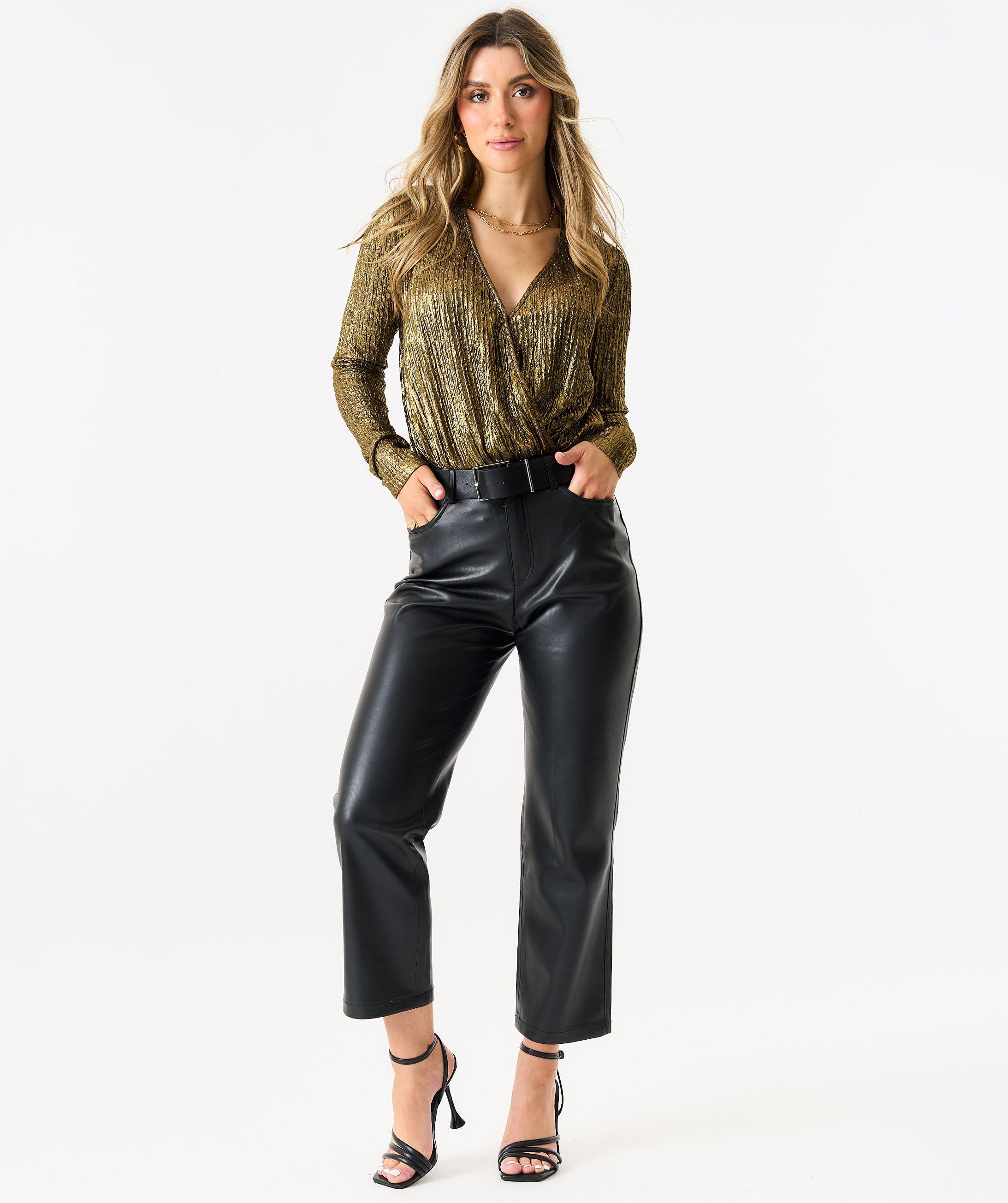 Goldmetallischer Plissee-Wickel-Bodysuit