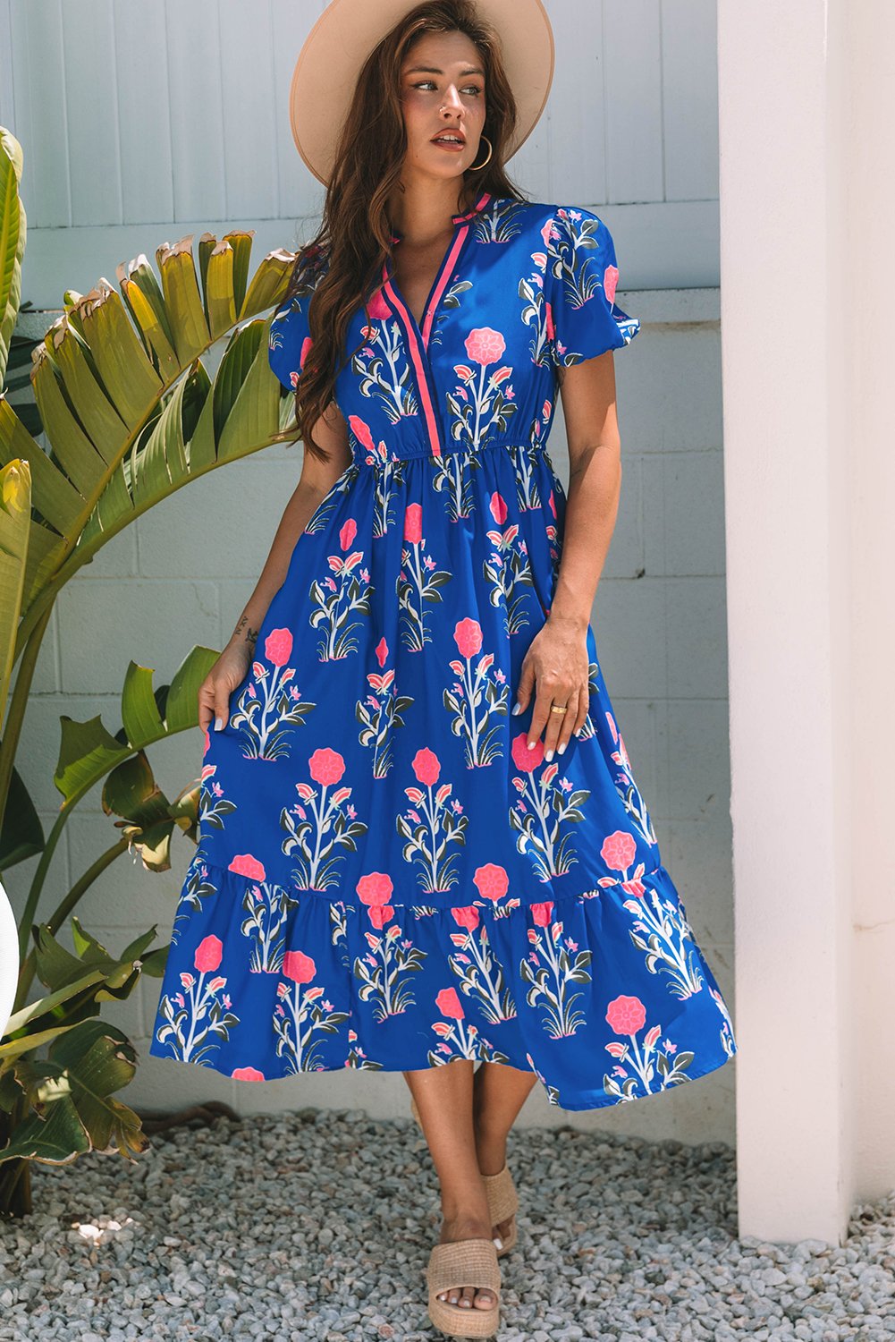 Thumbnail - Himmelblaues Blumen Puff Kurzarm V-Ausschnitt High Waist Maxikleid