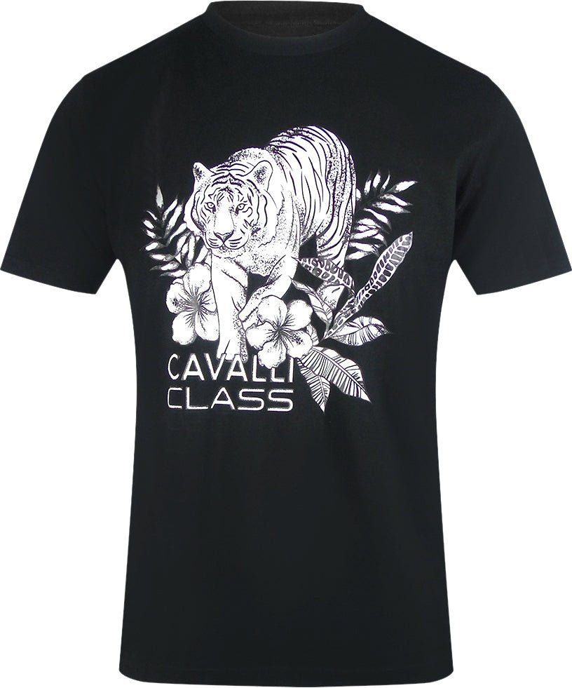 Cavalli Class - Schwarzes T-shirt Mit Tiger-blumenlogo