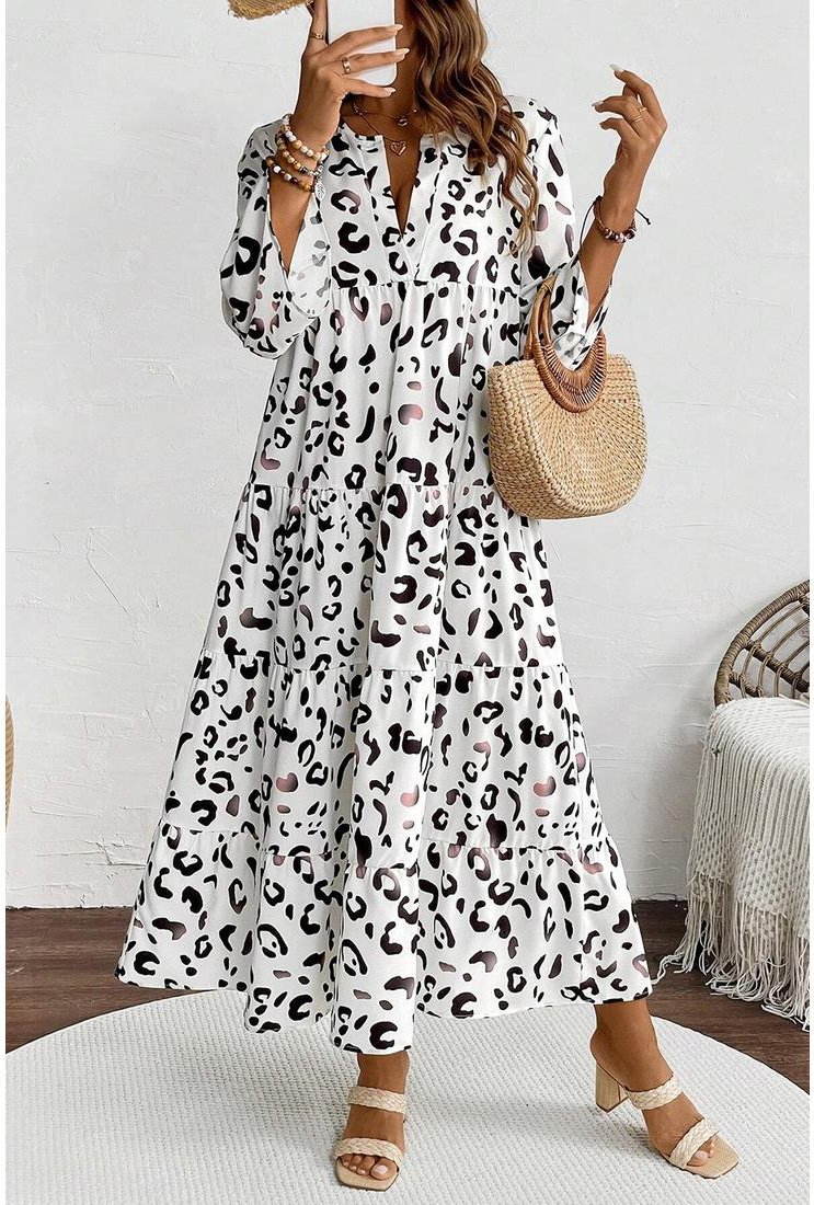 Thumbnail - Azura Exchange Damen Maxikleid mit Leopardenprint, lässiger V-Ausschnitt, 3/4-Ärmel, gestuftes langes Kleid
