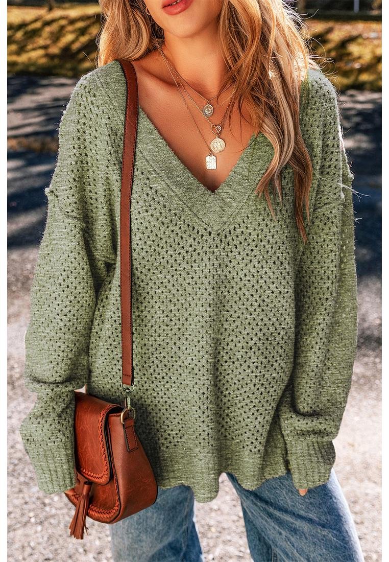 Thumbnail - Azura Exchange Dschungelgrün Lockere Ösen V-Ausschnitt Drop-Shoulder Pullover