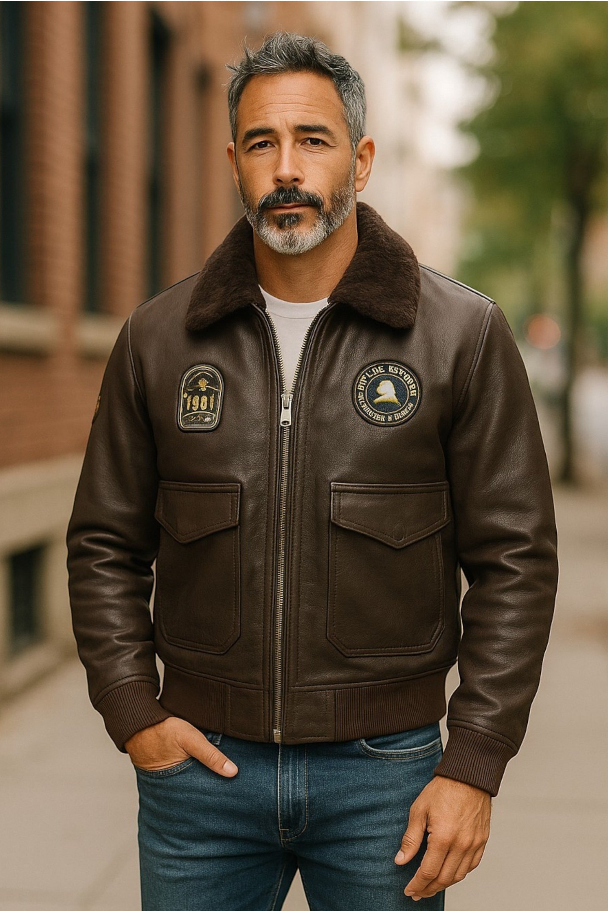 Herren-Bomberjacke aus braunem Leder mit Schaffellkragen G-1 – Ararat