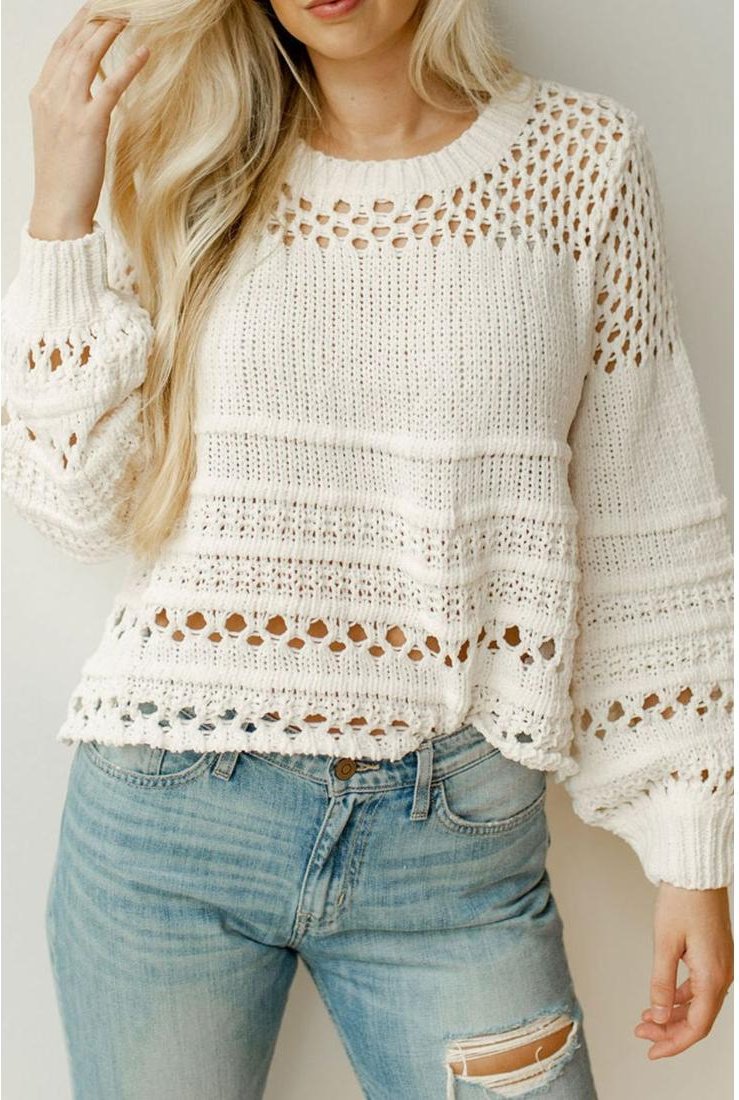 Thumbnail - Pointelle Knit Pullover mit Puffarmeln und durchbrochenem Design