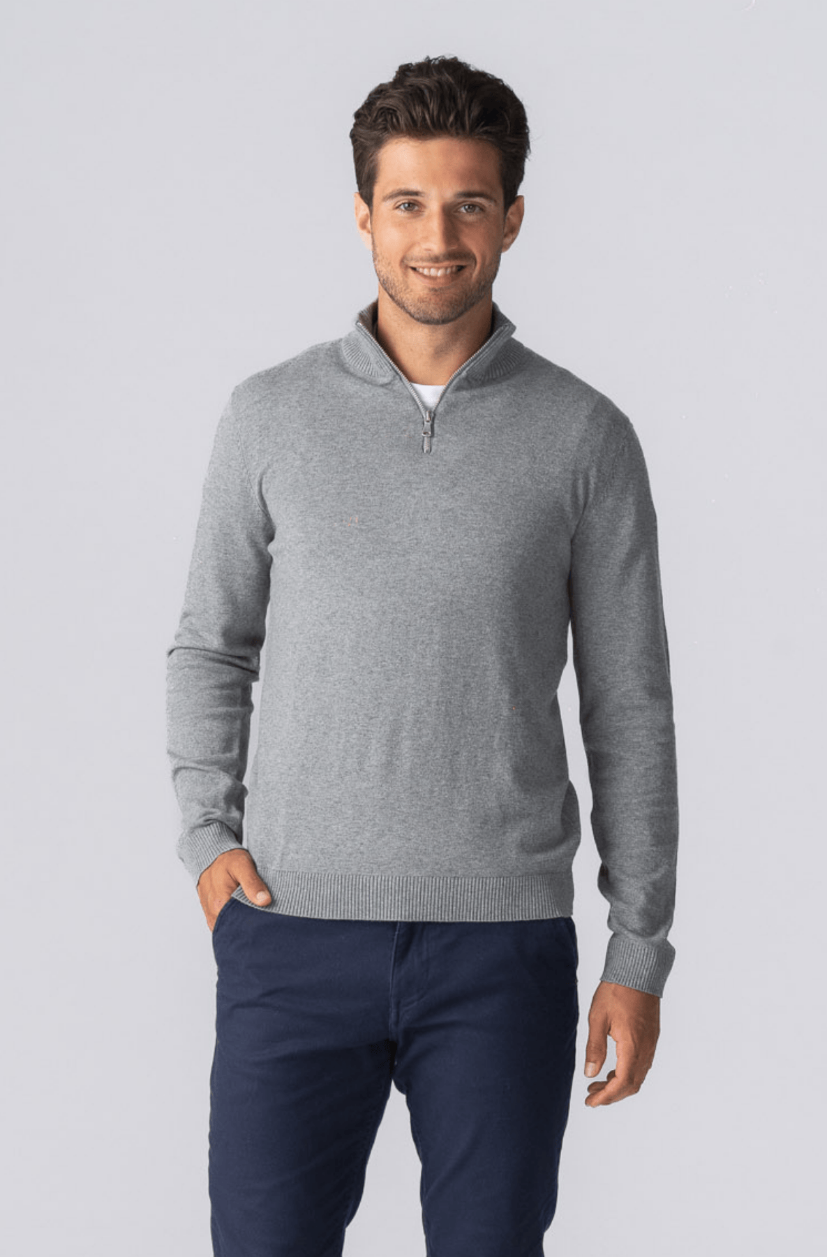 Pullover mit halbem Reißverschluss – Grau Melange