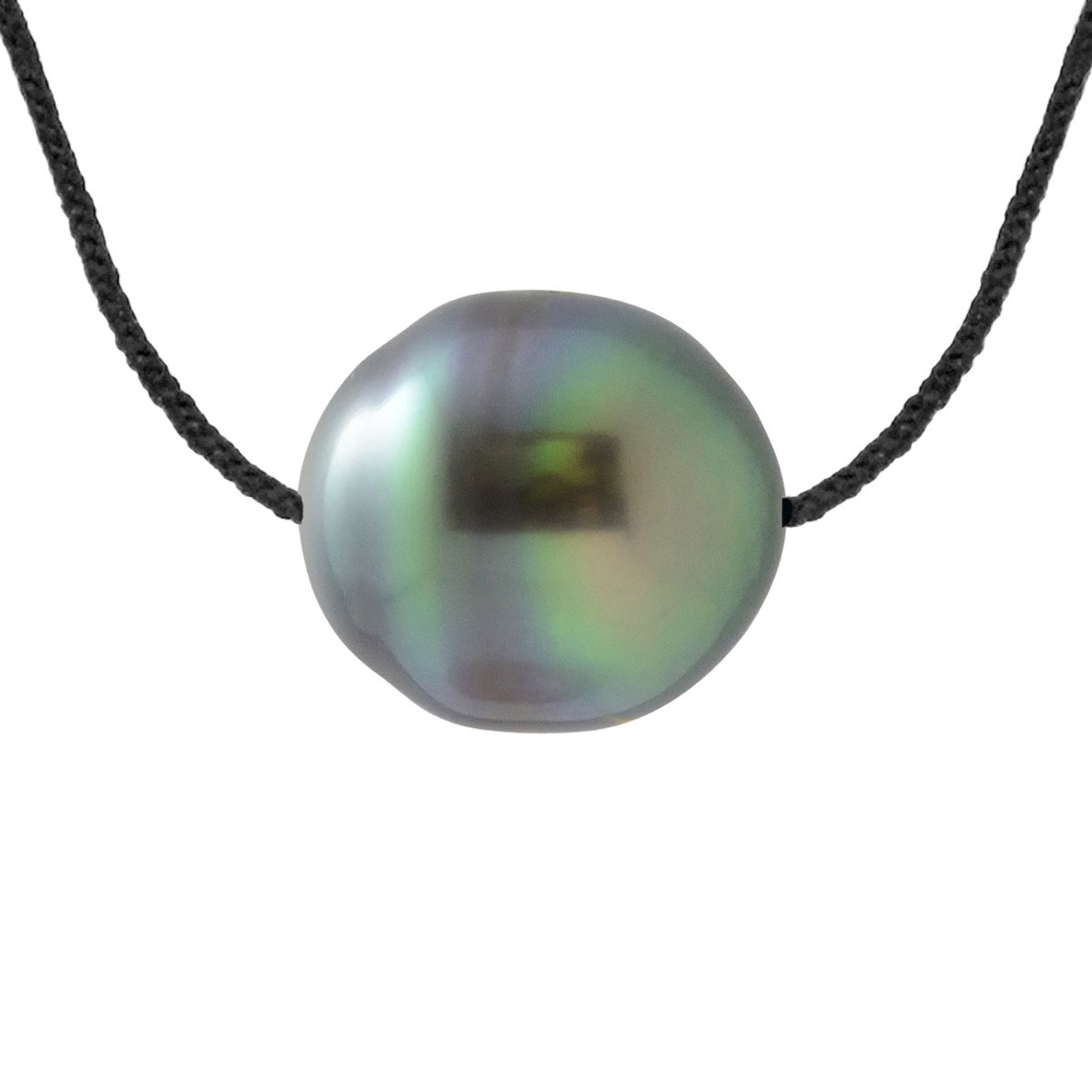 Halskette Love Links aus gedrehtem Nylon in SCHWARZer Farbe, verziert mit einer echten Tahiti-Zuchtperle im Kreis von 9-...