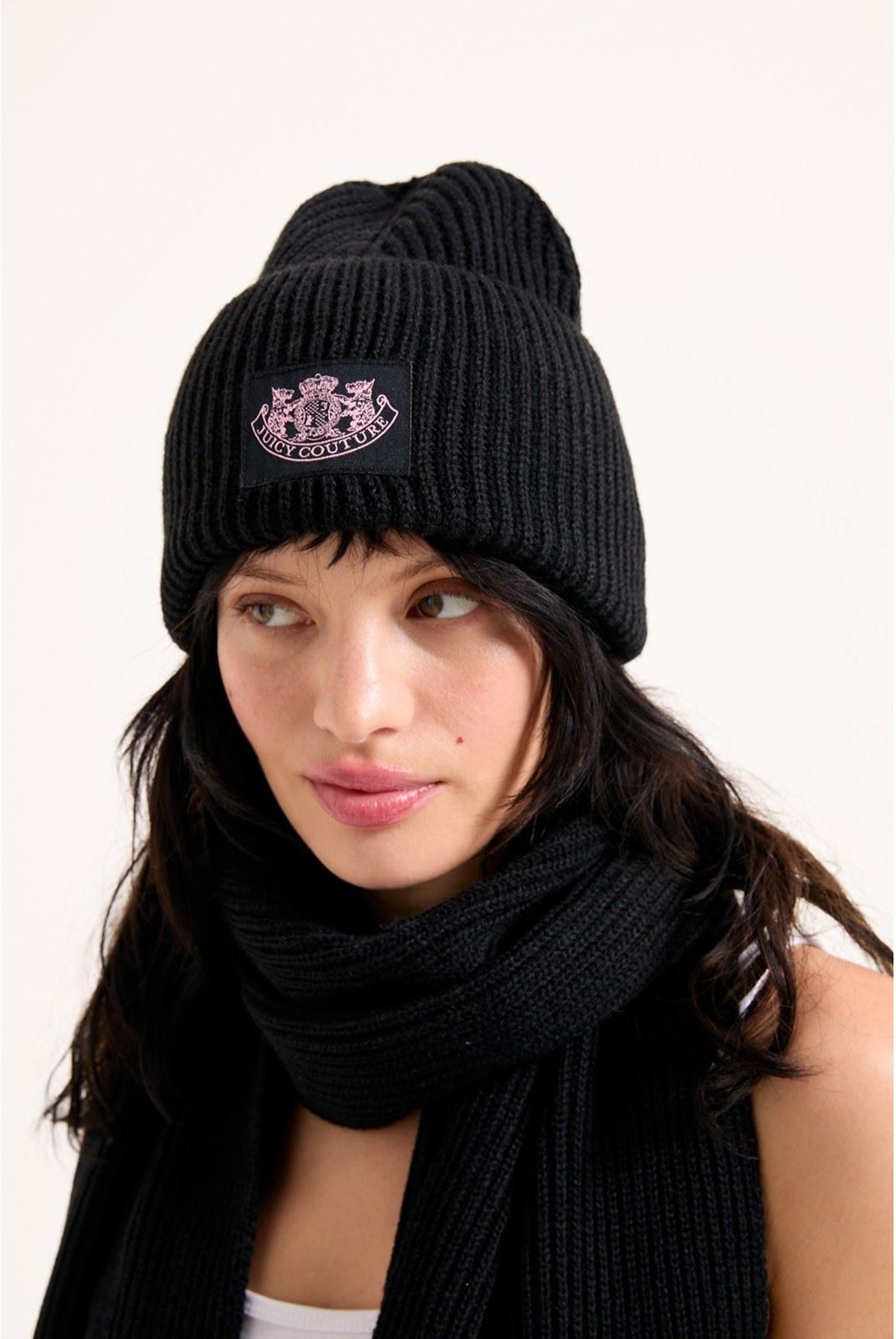 Juicy Couture Wappen Unisex Erwachsene Schwarzes Hut- und Schal-Set - Einheitsgröße