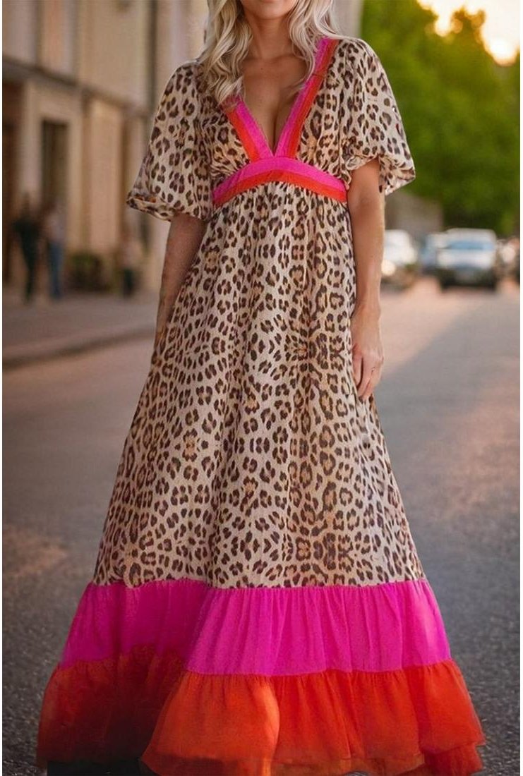 Thumbnail - Helles Pink Leopard Farbblock Patchwork Puffärmel Maxikleid