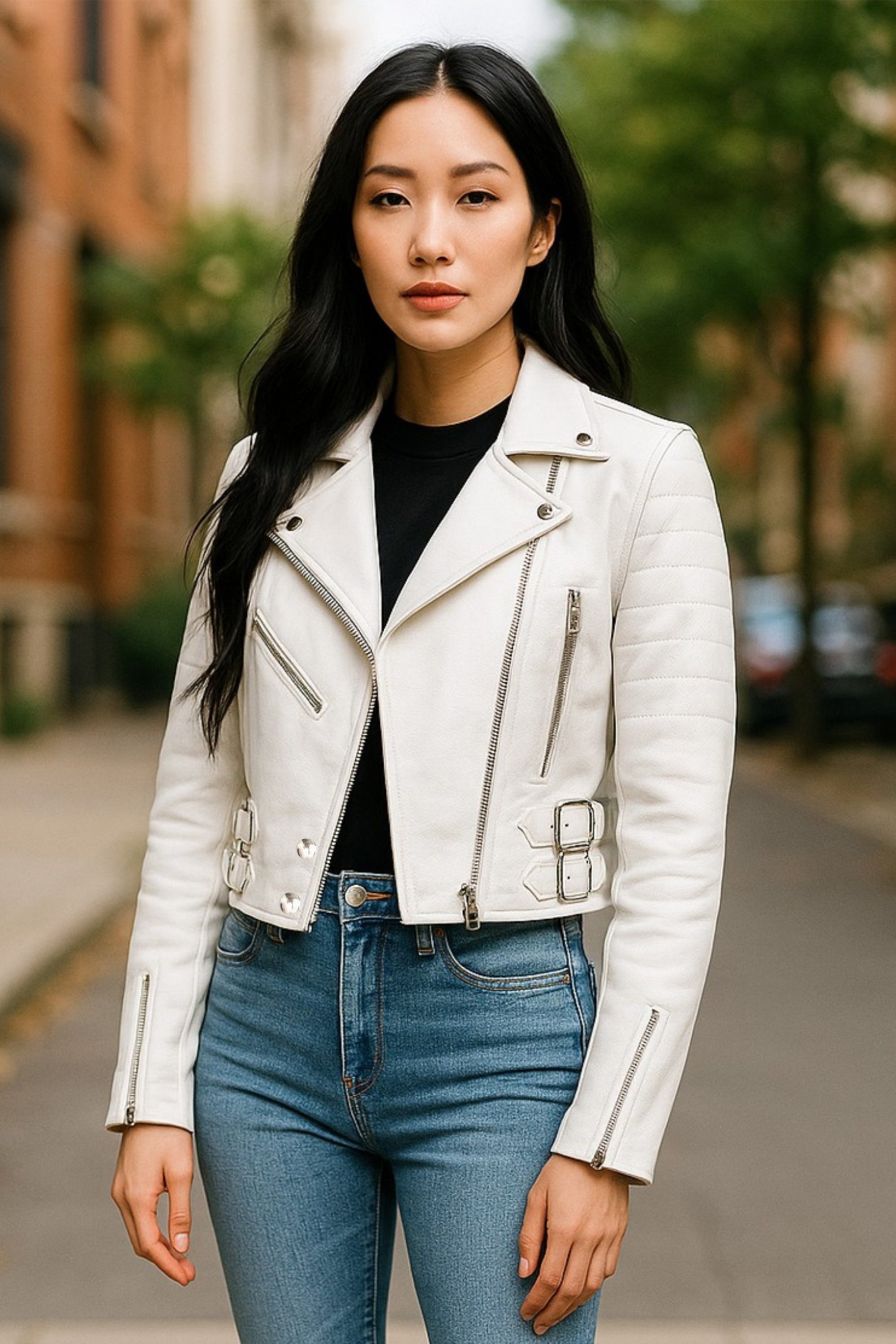 Weiße kurze Brando-Bikerjacke aus Leder für Damen – Durban