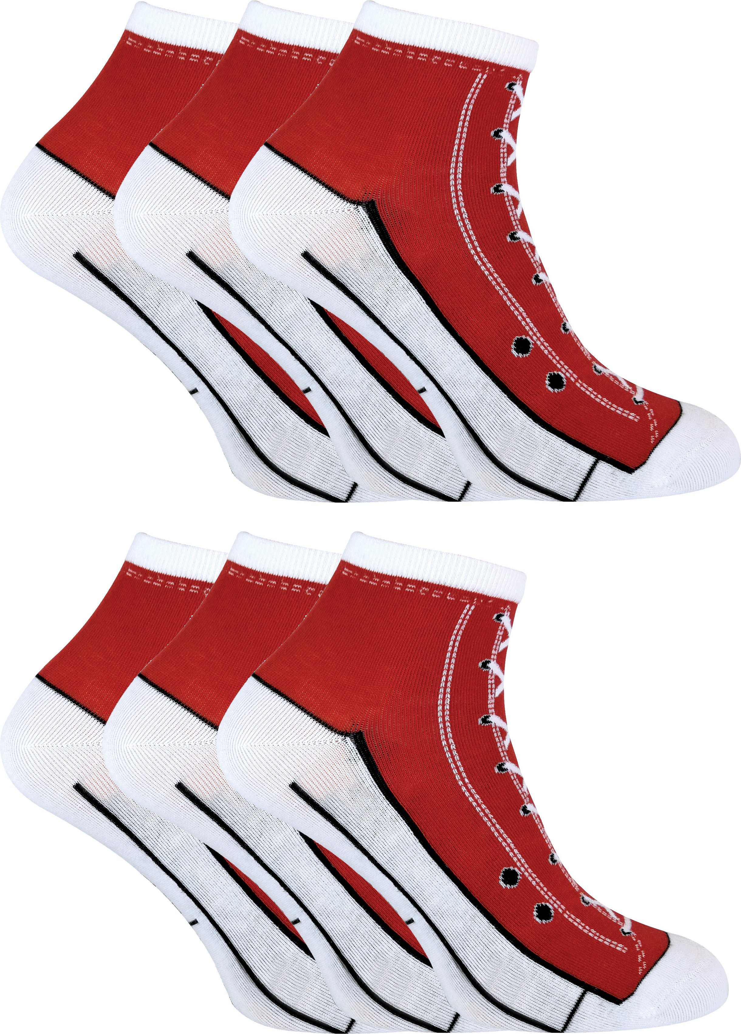 Thumbnail - 6 Paar Multipack Socken, die wie Schuhe aussehen | Socken Snob | Neuheit lustig Lace Up Converse Socken - rot