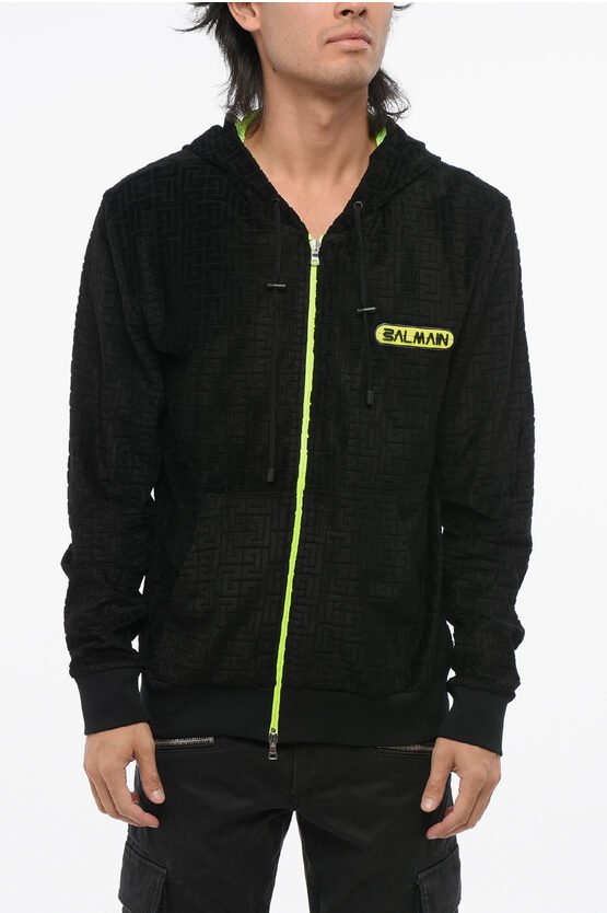 Samt-Sweatshirt mit Allover-Monogramm und Fluo-Details in Schwarz