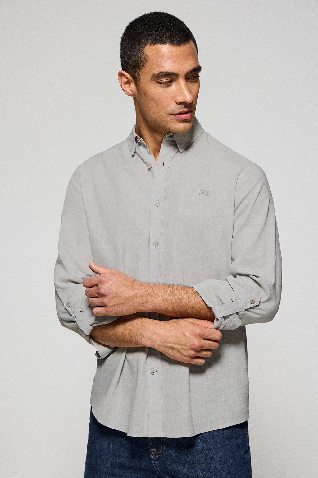 Hemd Regular Fit aus Leinen-/Baumwollgemisch grau mit Logo-Stickerei