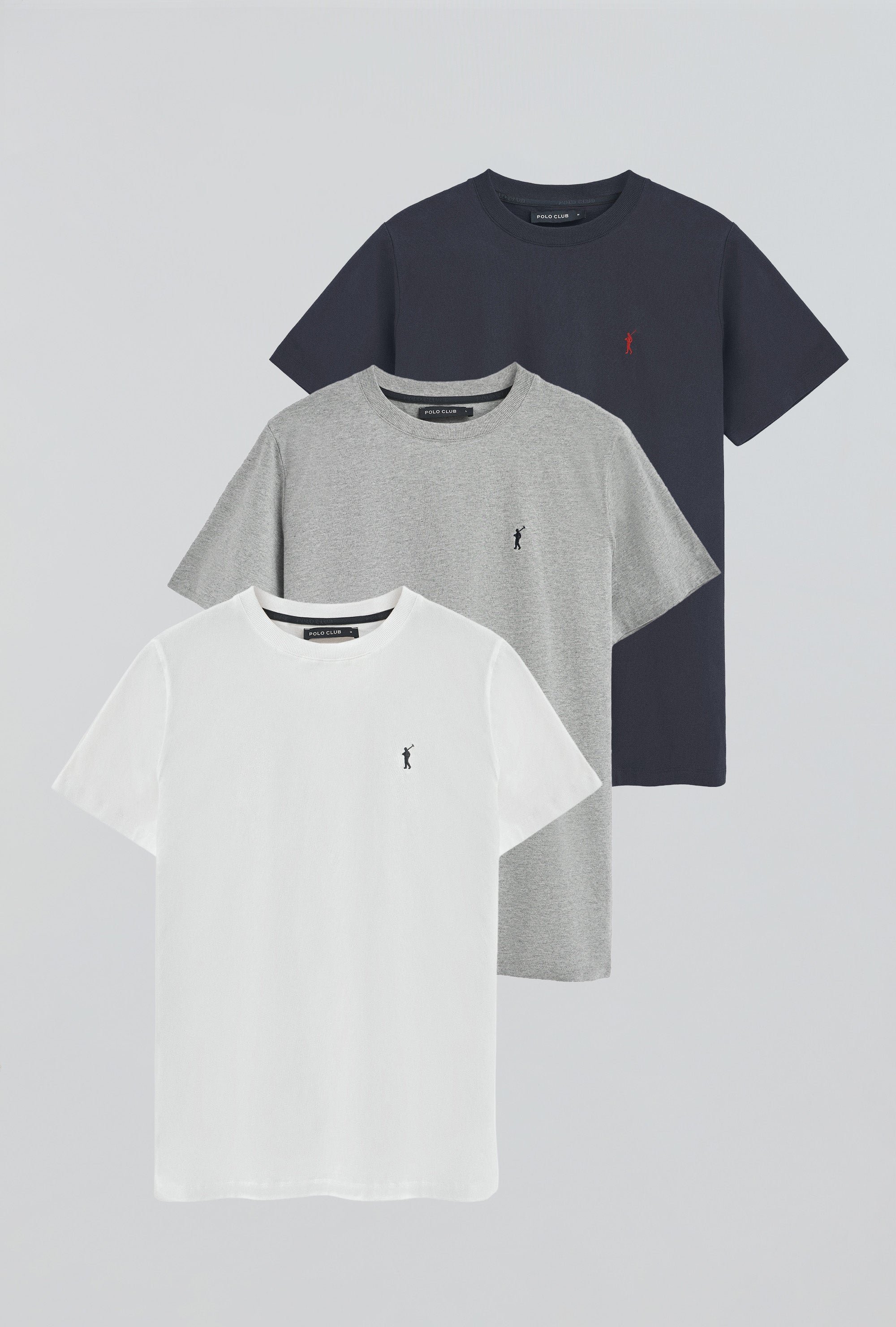 Dreierpack Herren-T-Shirts marineblau, weiß und grau meliert mit Rundhalsausschnitt und gesticktem Rigby Go-Logo