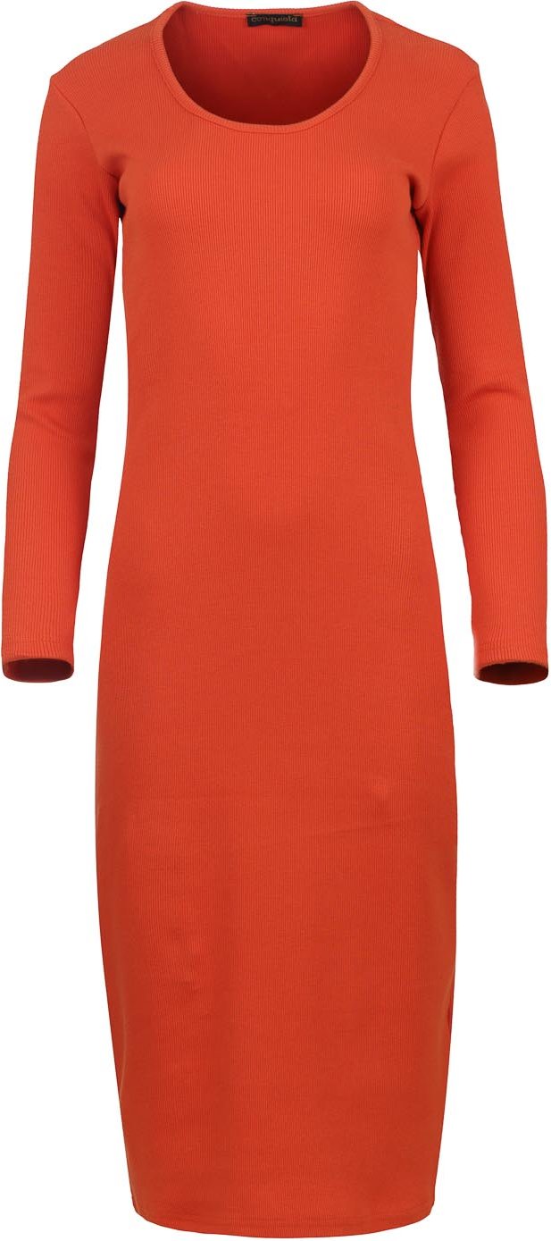 Langärmliges Midikleid mit Rundhalsausschnitt aus gerippter Baumwoll-Elastan-Mischung in Dunkelorange