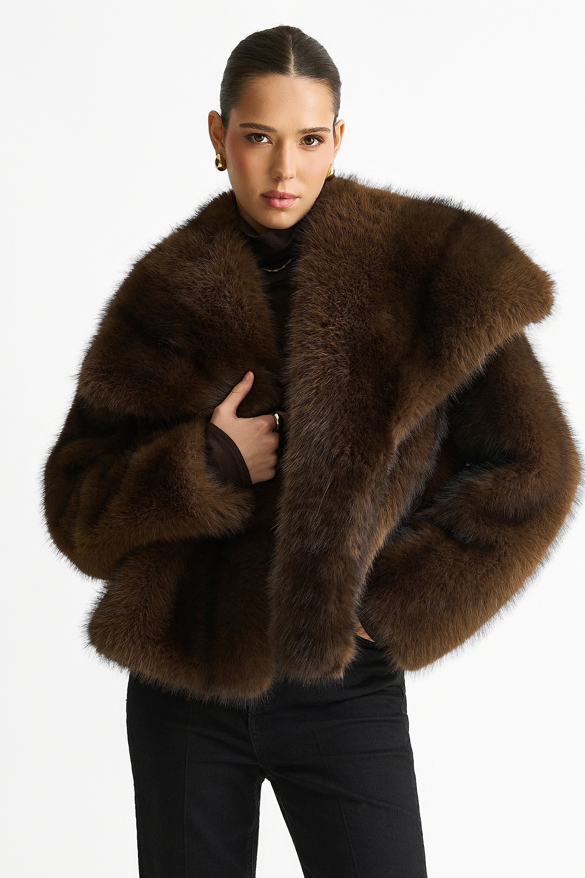 Kaffeefarbene Ombre-Revers-Kunstfelljacke