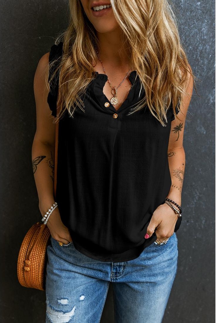 Thumbnail - Schwarzes Button-Down Split-Hals Rüschensaum Tanktop
