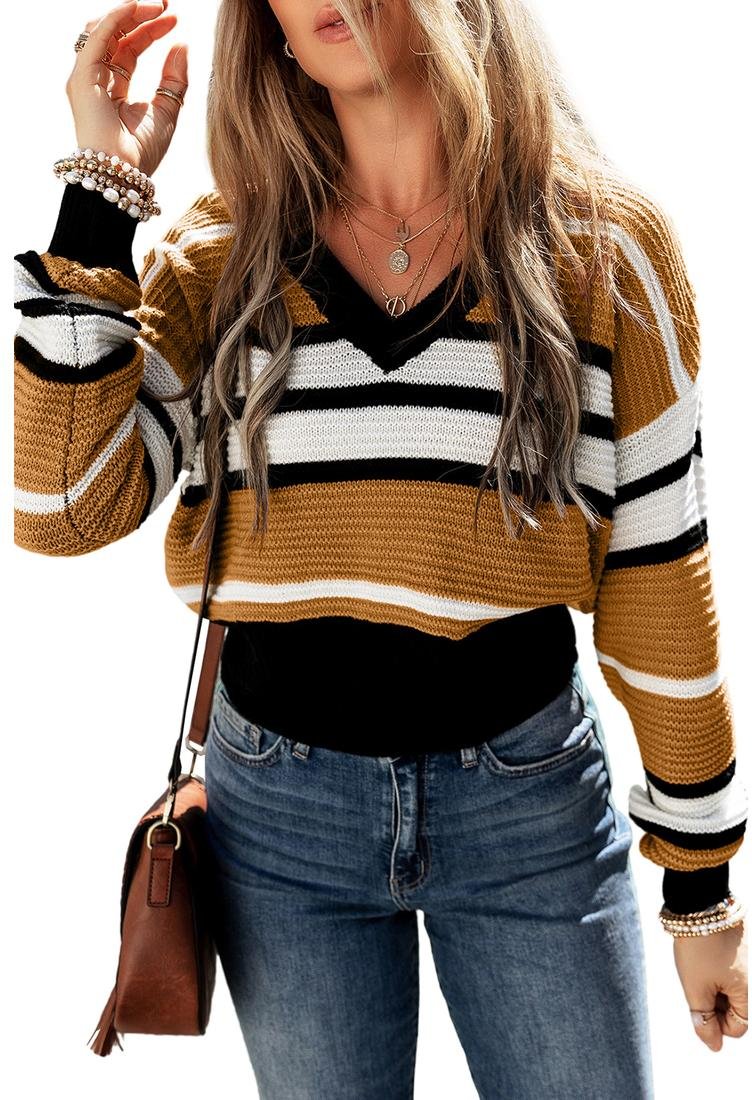 Thumbnail - Azura Exchange Brauner Streifen Kontraststreifen V-Ausschnitt Strukturstrickpullover