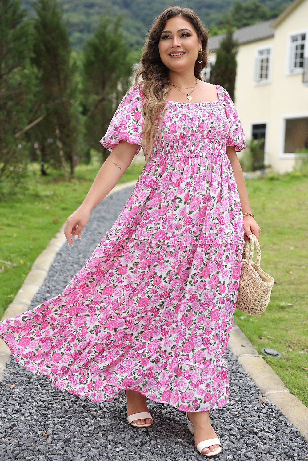 Blumen Puffärmel Maxikleid