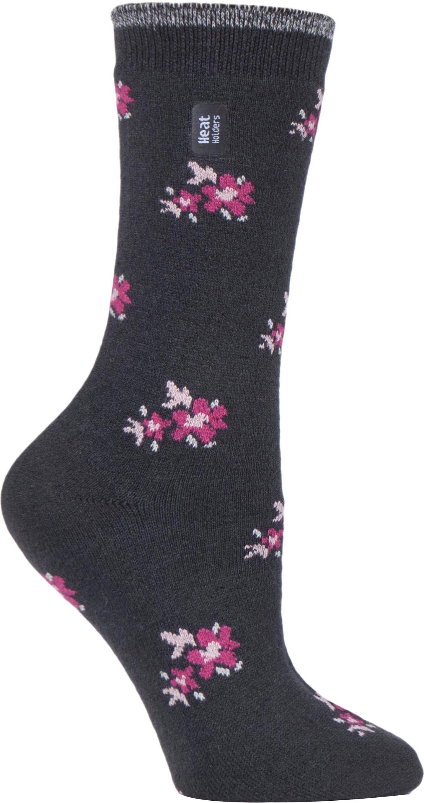 Heat Holders Damen Ultra Lite Thermo-Socken mit gebürstetem Innengarn, Anthrazit, Blumenmuster (Bellis)
